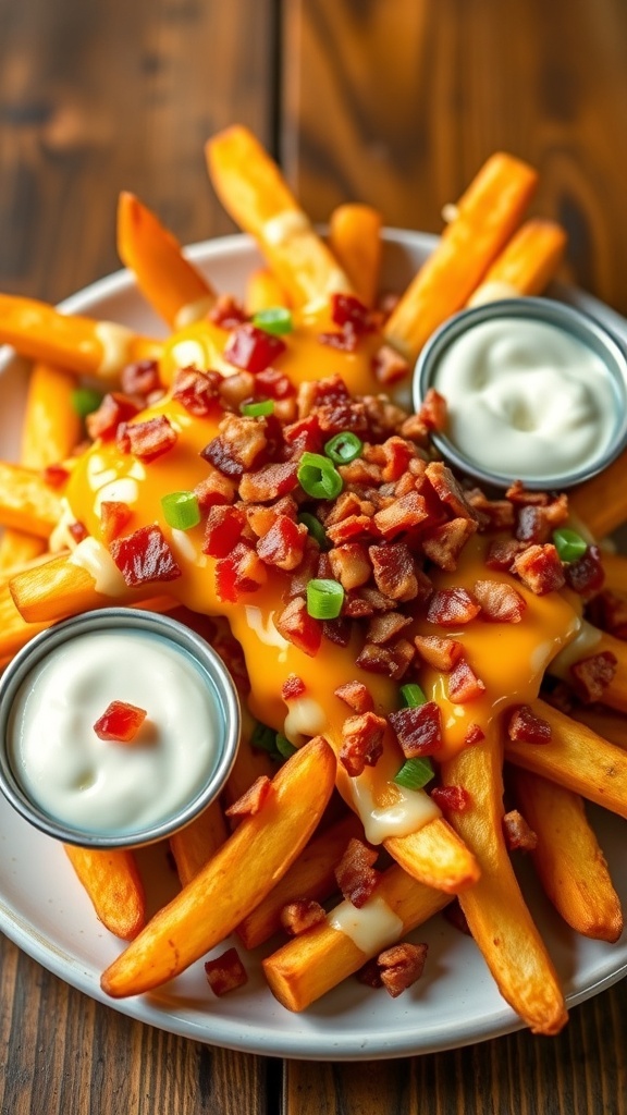 Loaded Bacon Fries Recipe Loaded bacon fries topped with cheese and green onions on a rustic table.